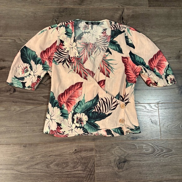 Zara Linen wrap blouse puff sleeve pink tropical print - Picture 8 of 13